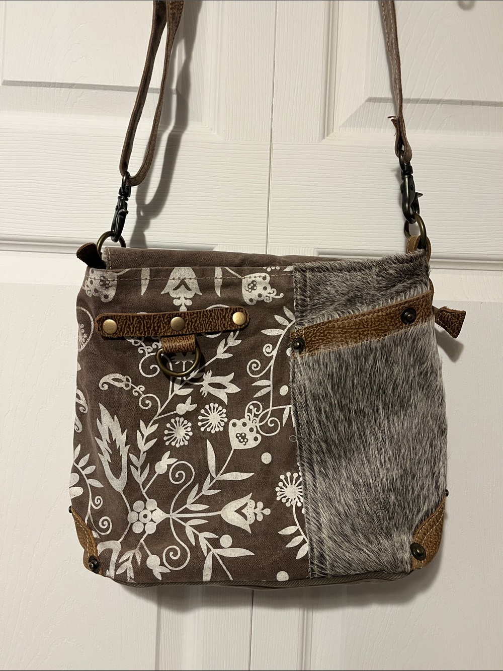 Myra Bag Brown and White Floral Crossbody with Faux Fur Panel